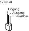 Elektrisk symbol med tre tilslutninger; mærket 'Indgang', 'Udgang' og 'Justerbar'.
