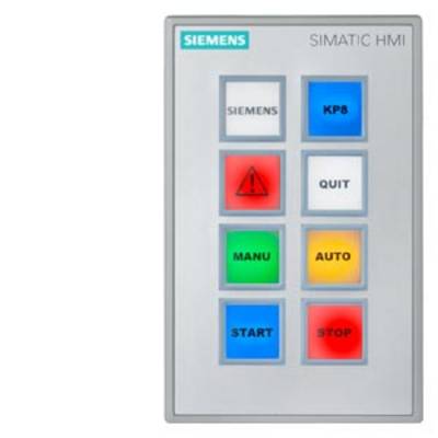 Et Siemens SIMATIC HMI-betjeningspanel med taster: 'START', 'STOP', 'AUTO', 'MANU', 'QUIT', 'KP8', samt et advarselssymbol.