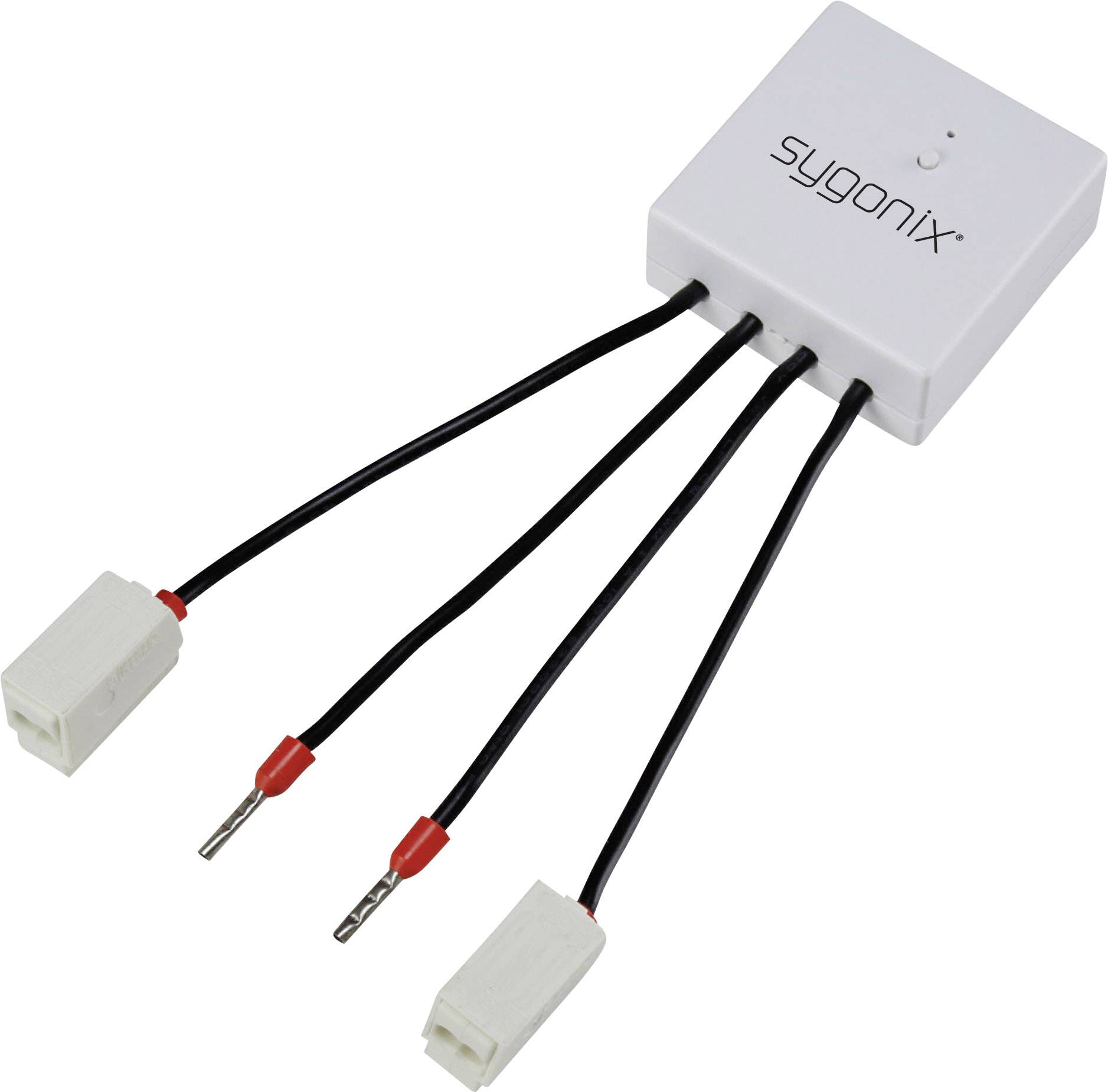 En hvid Sygonix-sensor med fire tilsluttede sorte kabler og stik, som bruges til overvågning eller styring af elektriske systemer.