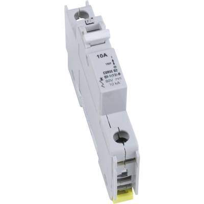 En hvid sikringsautomat med '10A' påtrykt, viser tilslutningsklemmer og kontakten. Den bruges til at beskytte elektriske kredsløb.