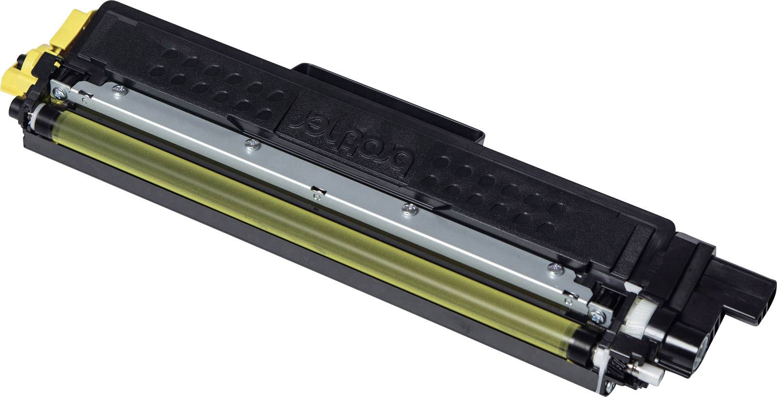 En sort tonerpatron med gule accenter, egnet til brug i en laserprinter.