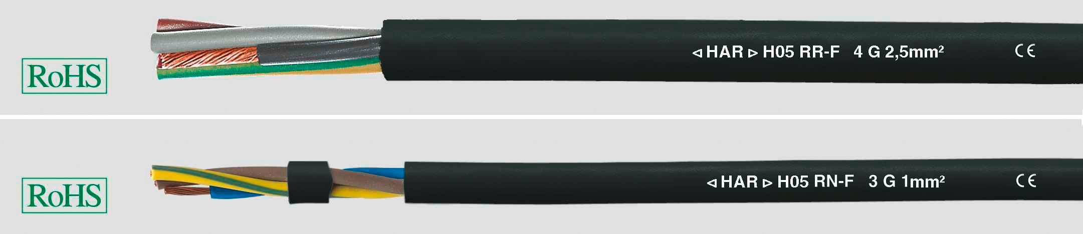 'Øverst: Kabel med påskriften: H05 RR-F 4G 2,5mm², viser indvendige ledere i forskellige farver. Nederst: Kabel med påskriften: H05 RN-F 3G 1mm².'