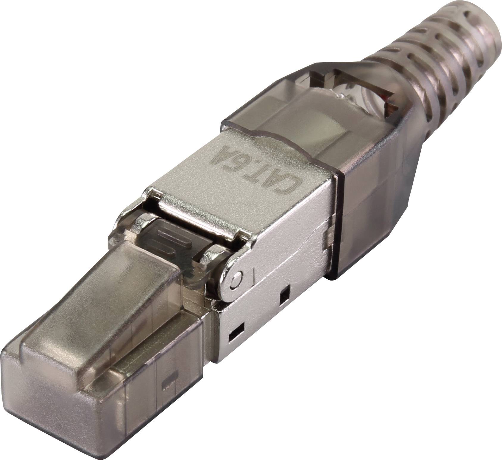 Nærbillede af en Cat6a-Ethernet-stik med gennemsigtigt hus, egnet til Gigabit-netværk og høje dataoverførselshastigheder.