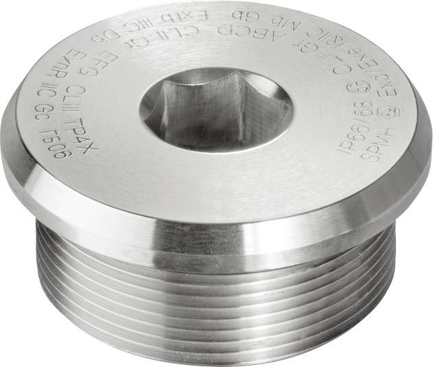 Metalhylster med sekskantede fordybning og indgraverede tekniske specifikationer. Fremstillet primært af rustfrit stål.