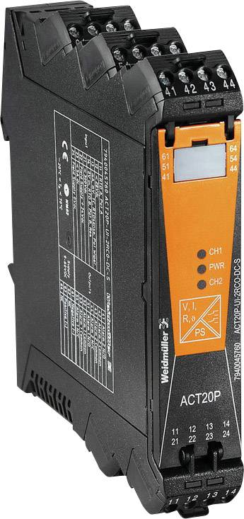 Elektronisk modul fra Weidmüller, type ACT20P, med sort og orange kabinet. Påtrykt viser tilslutningsklemmer.