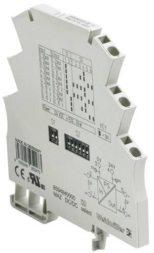 Et elektronisk modul med tilslutningsklemmer og mærkninger, herunder 'MAZ DC/DC', fremstillet i Tyskland, mærke Weidmüller.