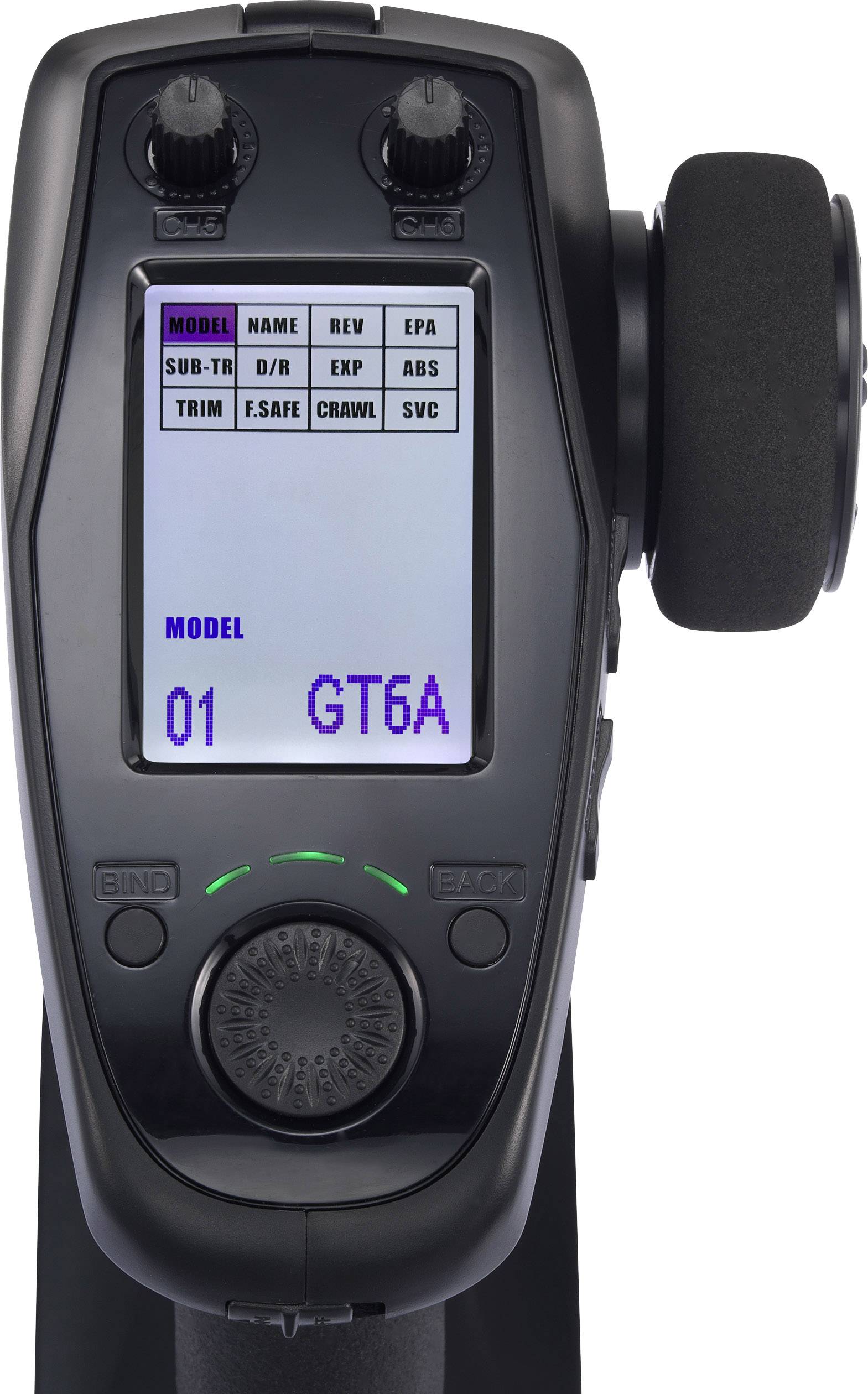 En sort fjernbetjening med et LCD-display, der viser 'MODEL 01 GT6A'. Der er flere taster og et stort drejehjul.