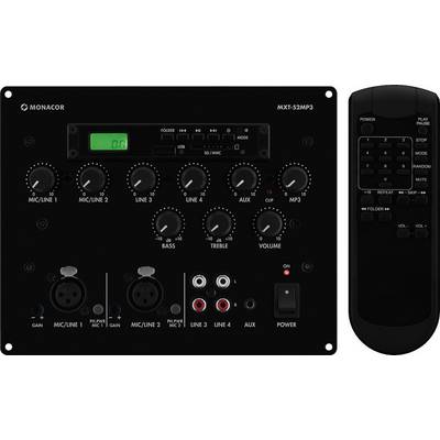 Et sort lydmixerpult med betjeningsknapper og en digital display øverst til højre. Ved siden af ligger en fjernbetjening.
