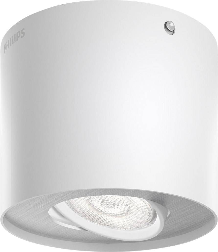 Hvid, cylinderformet LED-loftslampe med drejelig spot fra Philips. Moderne design, velegnet til retningsbestemt belysning indendørs.
