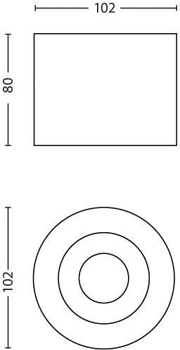 'Illustration af to former med mål: Øverst et rektangel med bredde 102 og højde 80, nederst en cirkel med diameter 102.'