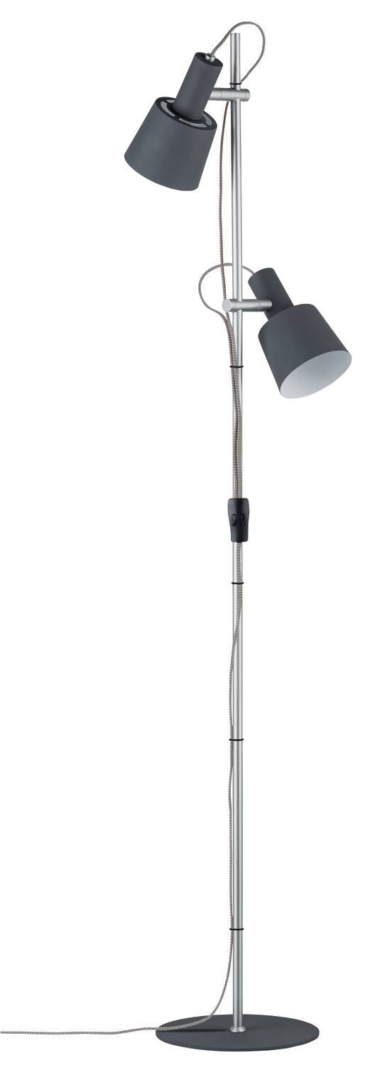 Gulvlampe med to justerbare sorte lampeskærme på en sølvfarvet fod, forbundet med en ledning.