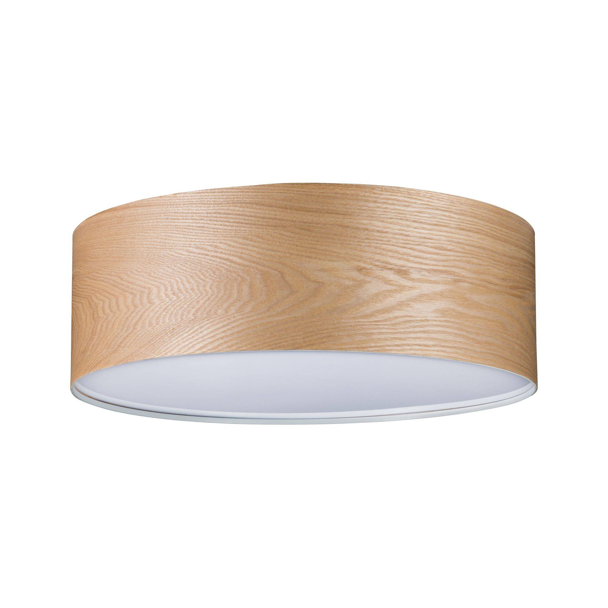 Rund loftslampe med lysebrunt træfinér. Minimalistisk design, velegnet til moderne interiører.