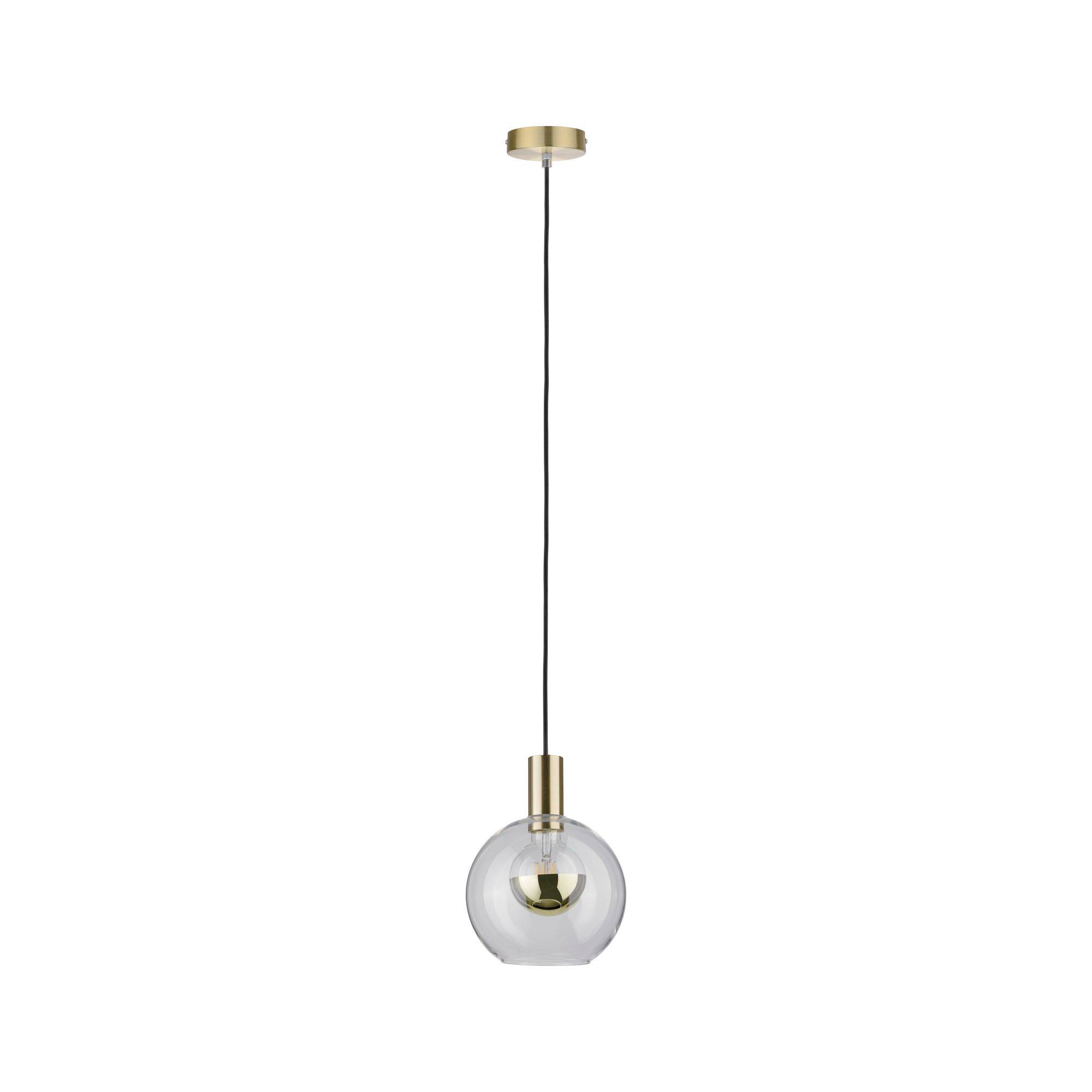 Pendel med gulddetaljer, gennemsigtig kugleformet skærm og sort ledning. Moderne design til hyggelige interiører.