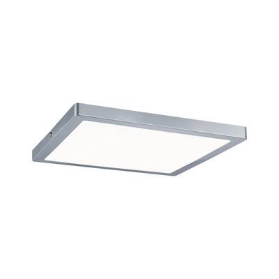 En kvadratisk LED-loftslampe med en flad, sølvfarvet ramme og hvid lysoverflade, velegnet til moderne indretning.