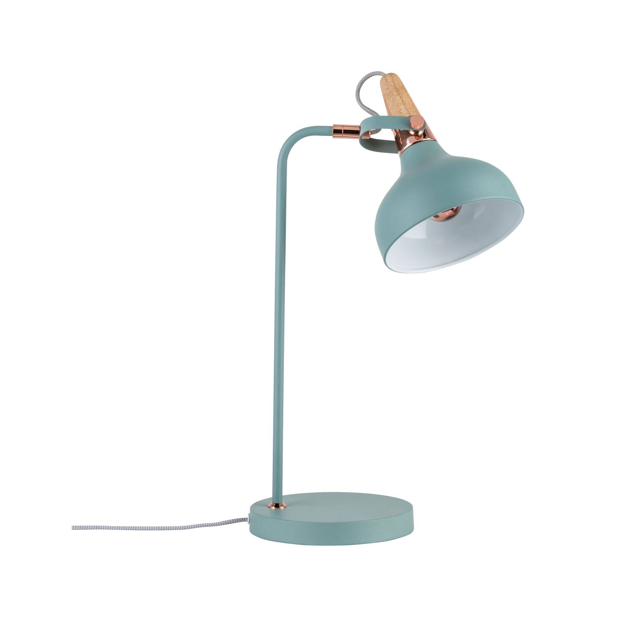 En moderne, grøn bordlampe med buet hals og bred skærm, velegnet til arbejds- eller læseborde.