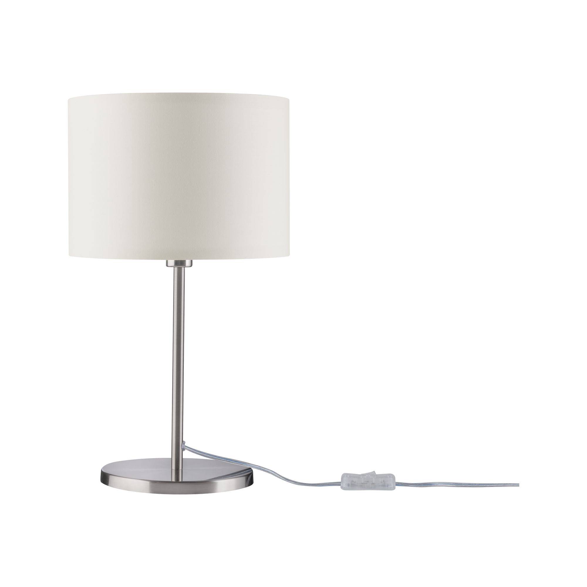 Hvid bordlampe med cylinderformet skærm, moderne metalfod og synligt kabel med kontakt. Moderne design, velegnet til boliginteriør.