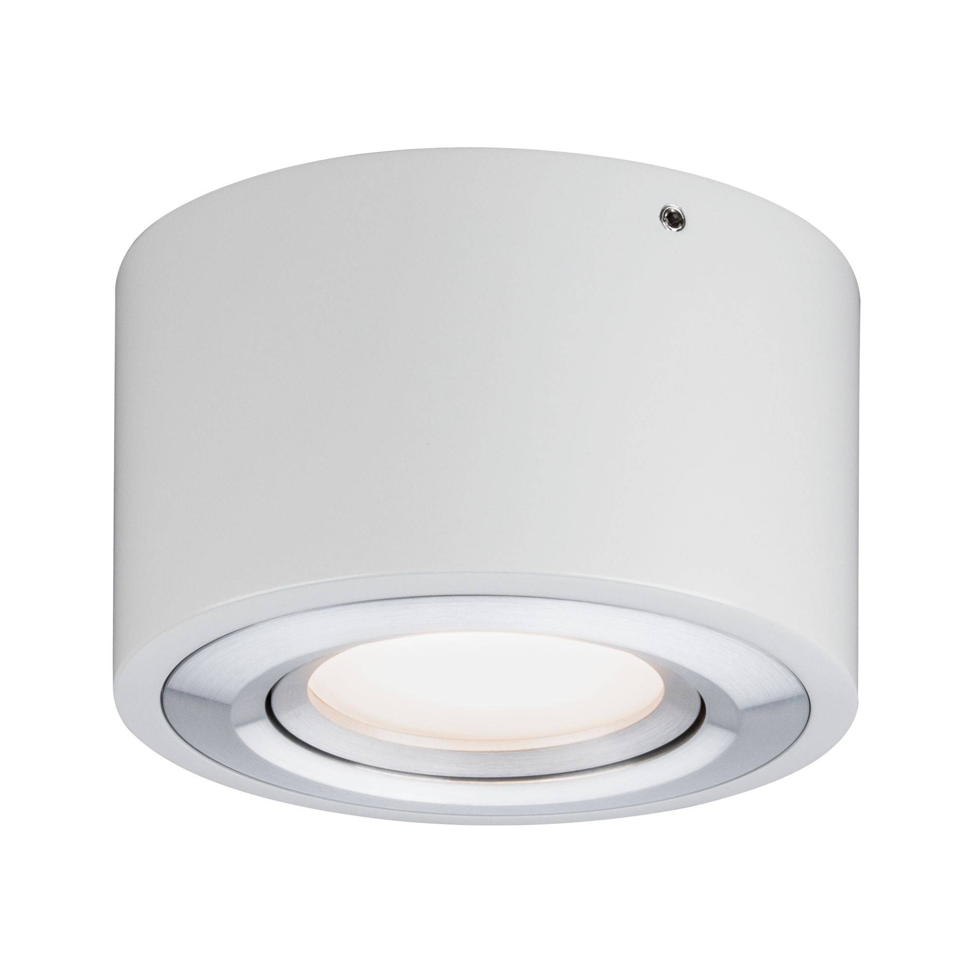 En rund, hvid loftslampe med moderne design og centralt placeret lyskilde, egnet til indendørs brug.