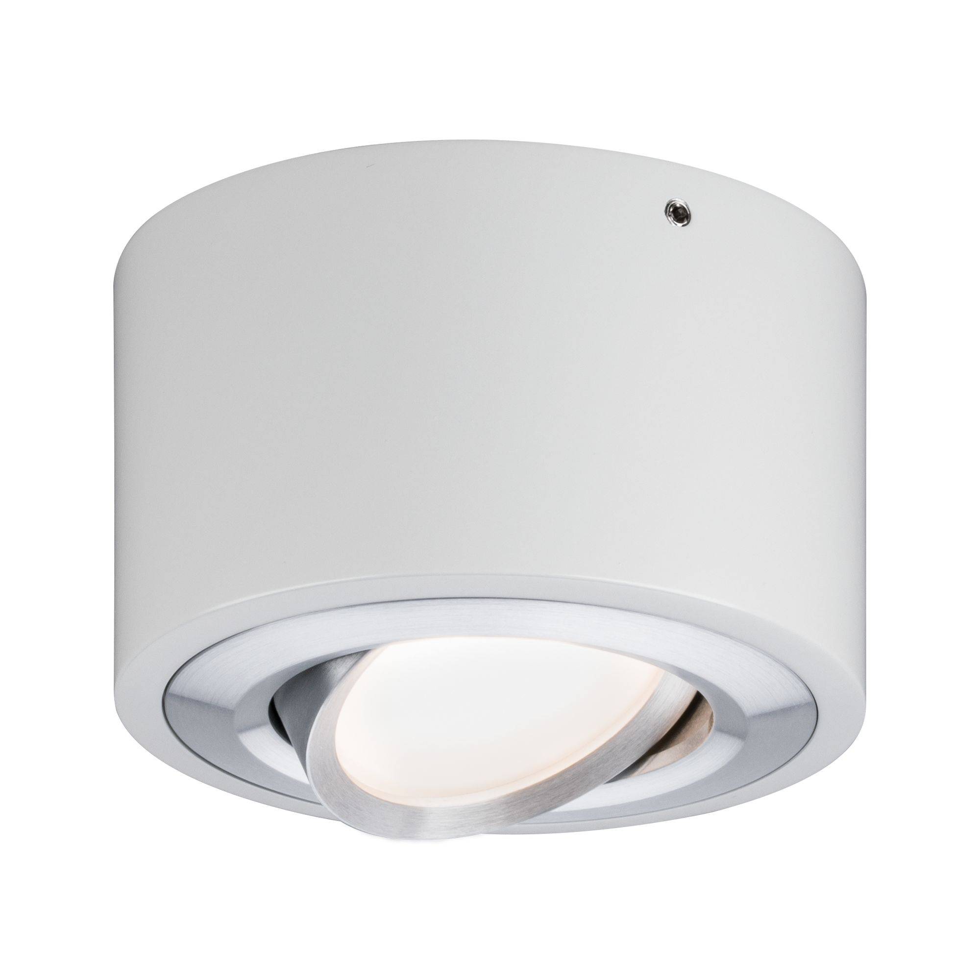 Hvid, rund loftlampe med moderne design og justerbar lampearm, velegnet til indendørs belysning.