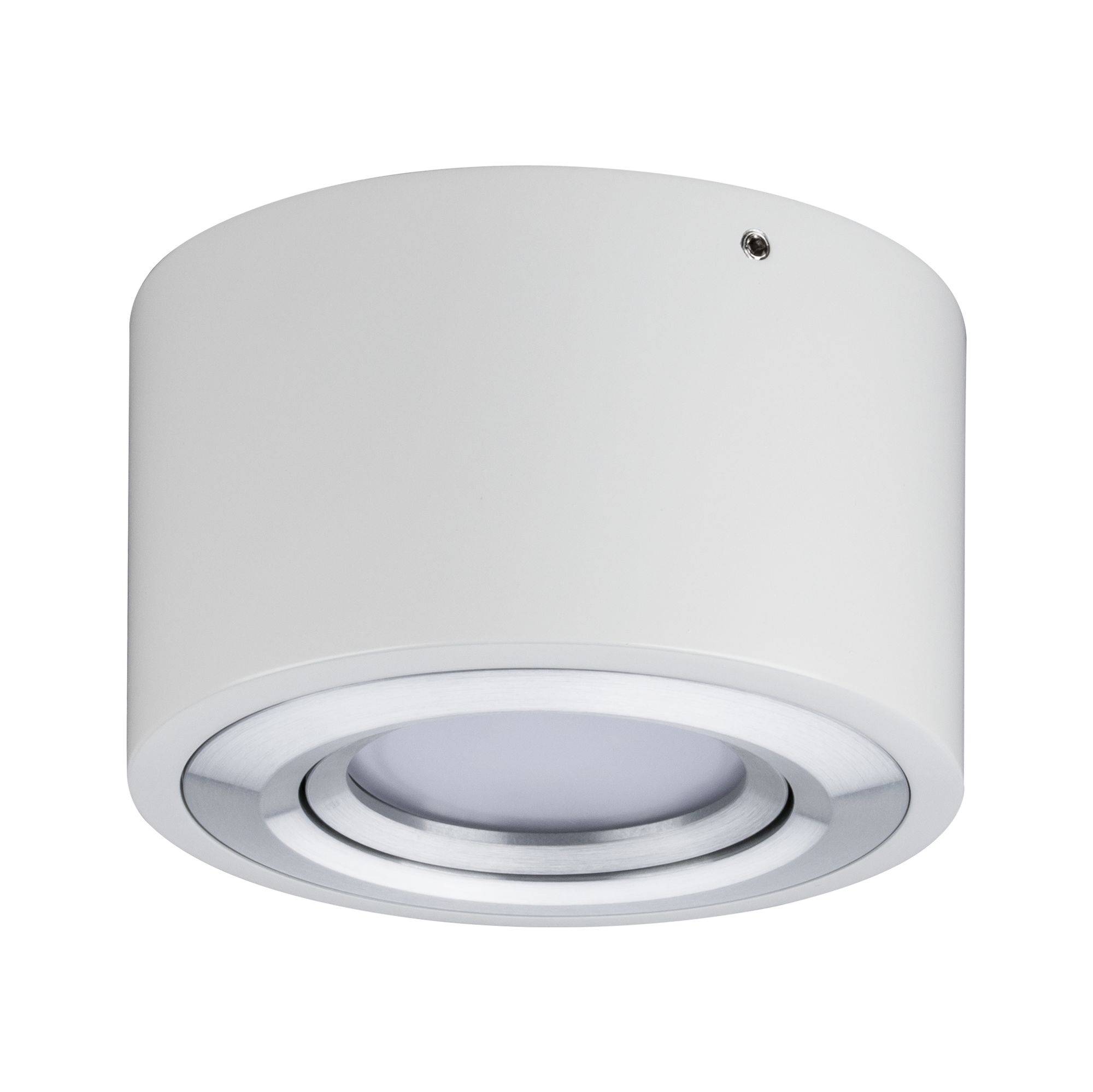 Hvid, rund loftslampe med minimalistisk design, velegnet til moderne interiører.