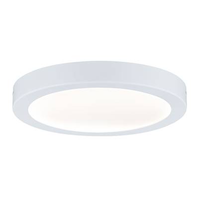 Rund, flad loftslampe med hvidt kabinet, som lyser jævnt. Egnet til indendørs brug.