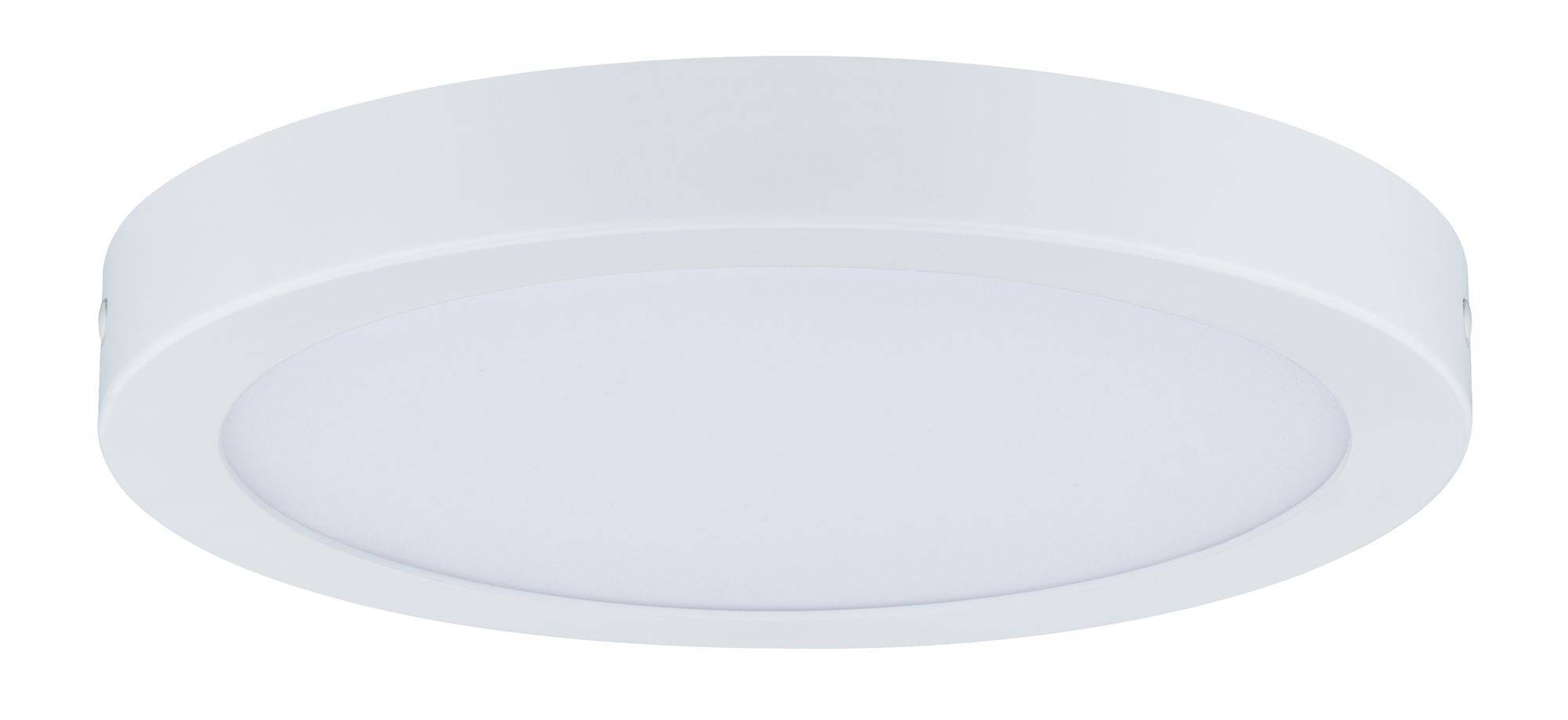 En rund, flad, hvid loftslampe med enkelt, moderne design. Ideel til minimalistiske boligrum.