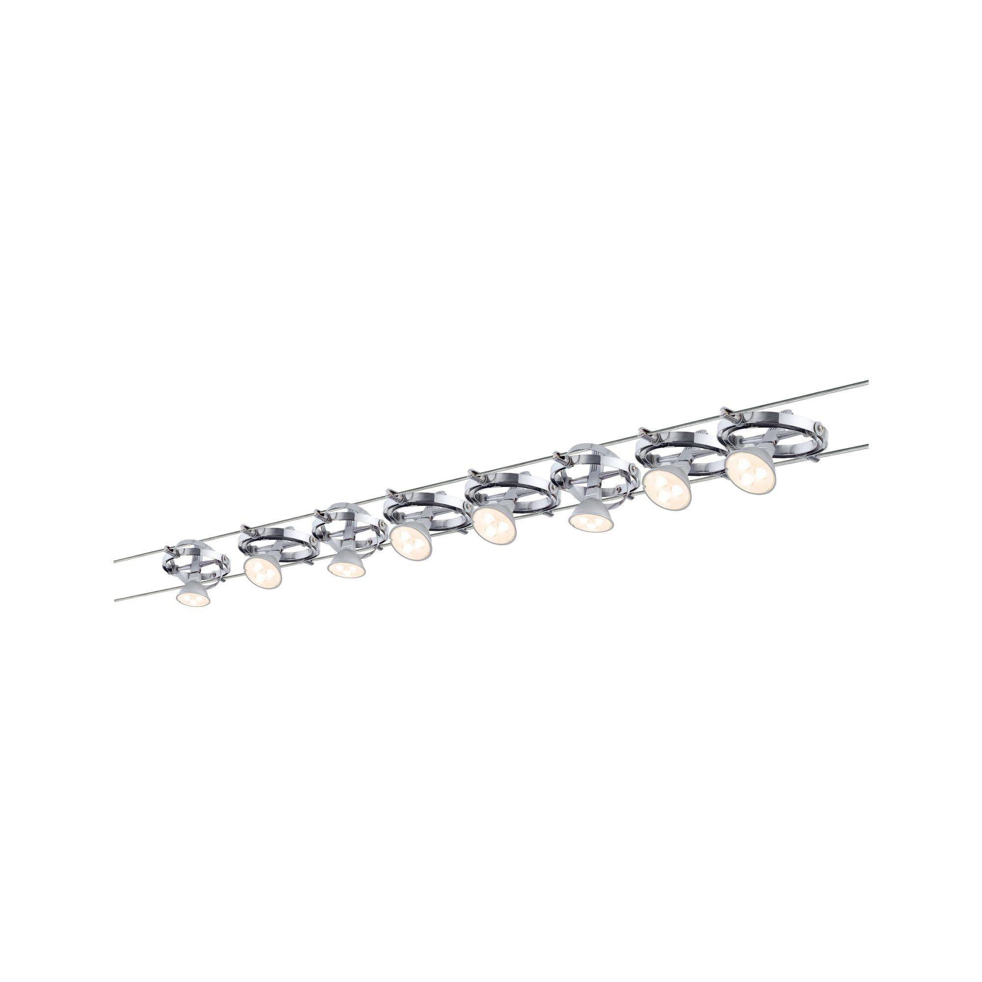 LED-loftlampe med aflang, moderne design. Syv runde, justerbare spots monteret på en metalbjælke.