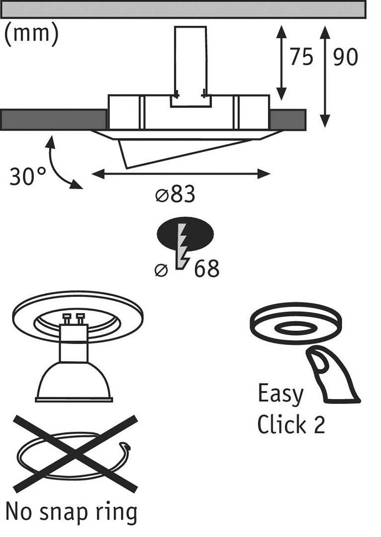 Installationsvejledning til en lampe med et påkrævet loftshul på 68 mm diameter og svingbar mekanisme.