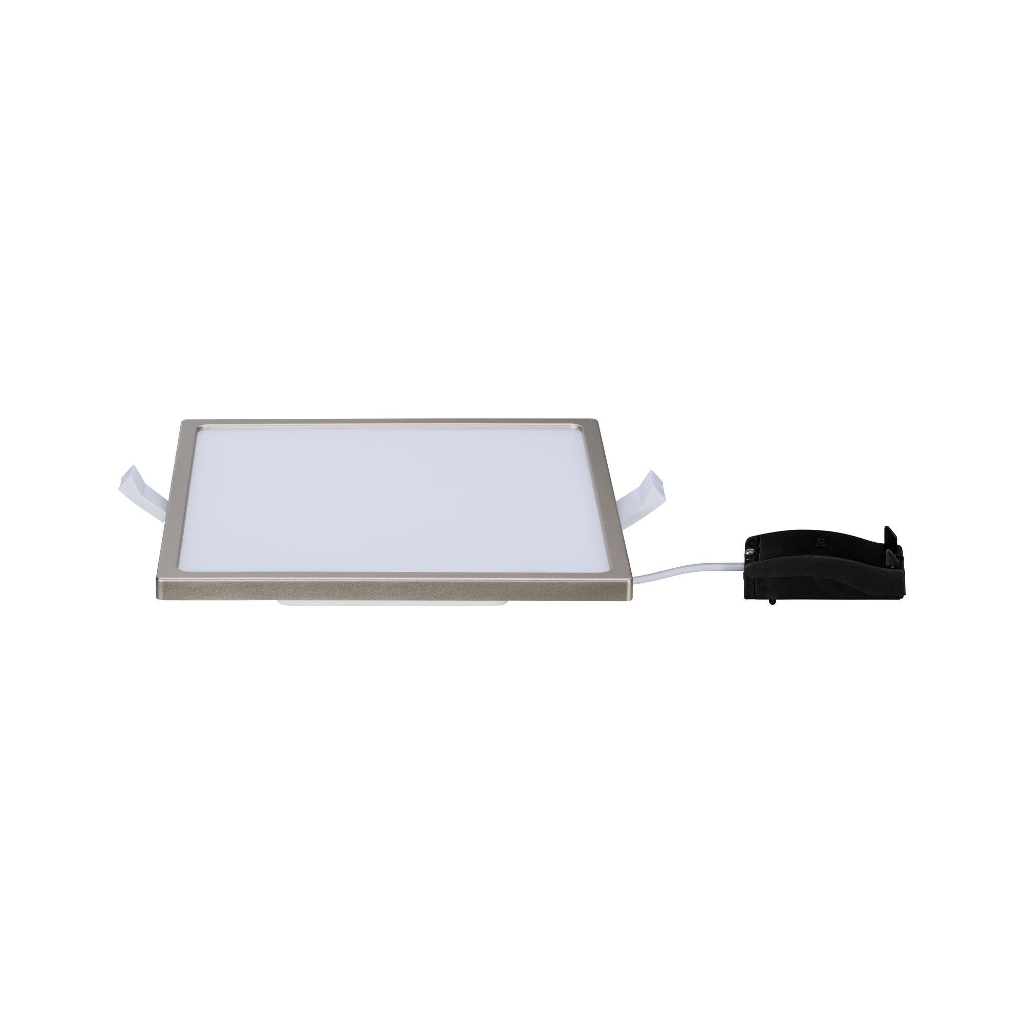 Illustration af en firkantet LED-loftslampe i sølv med tilslutningskabel og monteringsbeslag, på hvid baggrund.