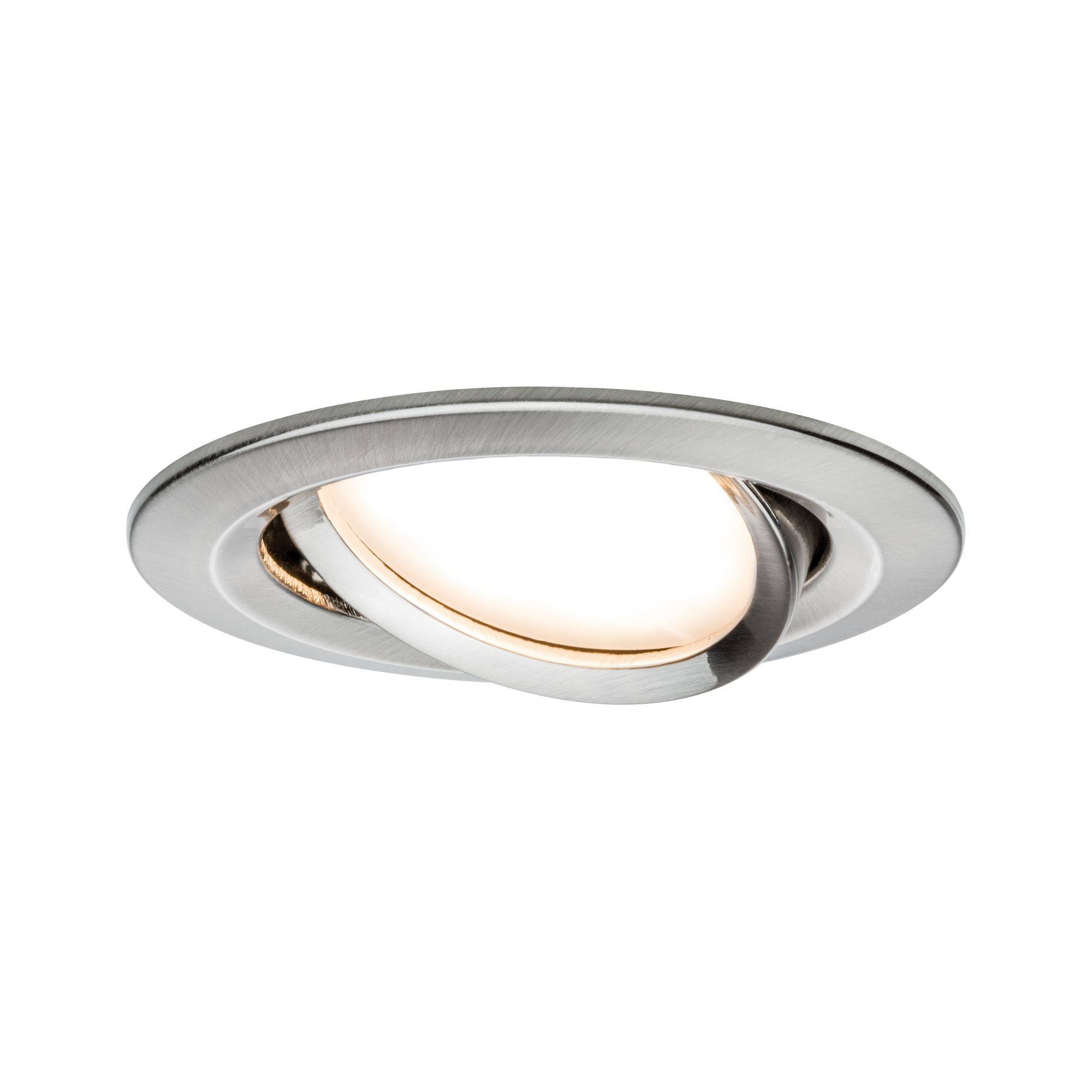 Indbygget LED-loftslampe med svingbar rund design i børstet metal. Perfekt til moderne indendørsbelysning.