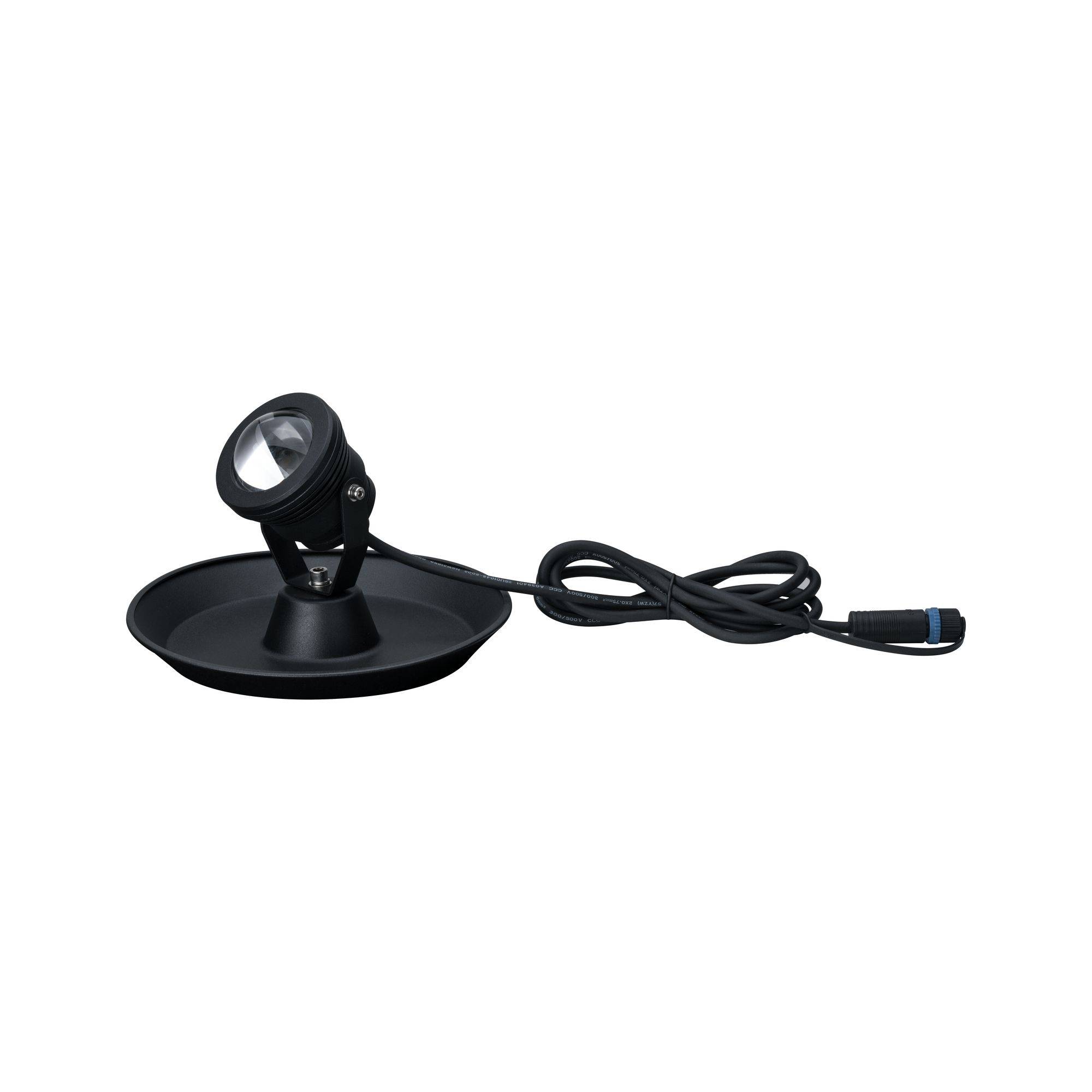Lille sort lampe med rund fod og kabel, egnet til udendørs brug eller belysning af haver eller damme.