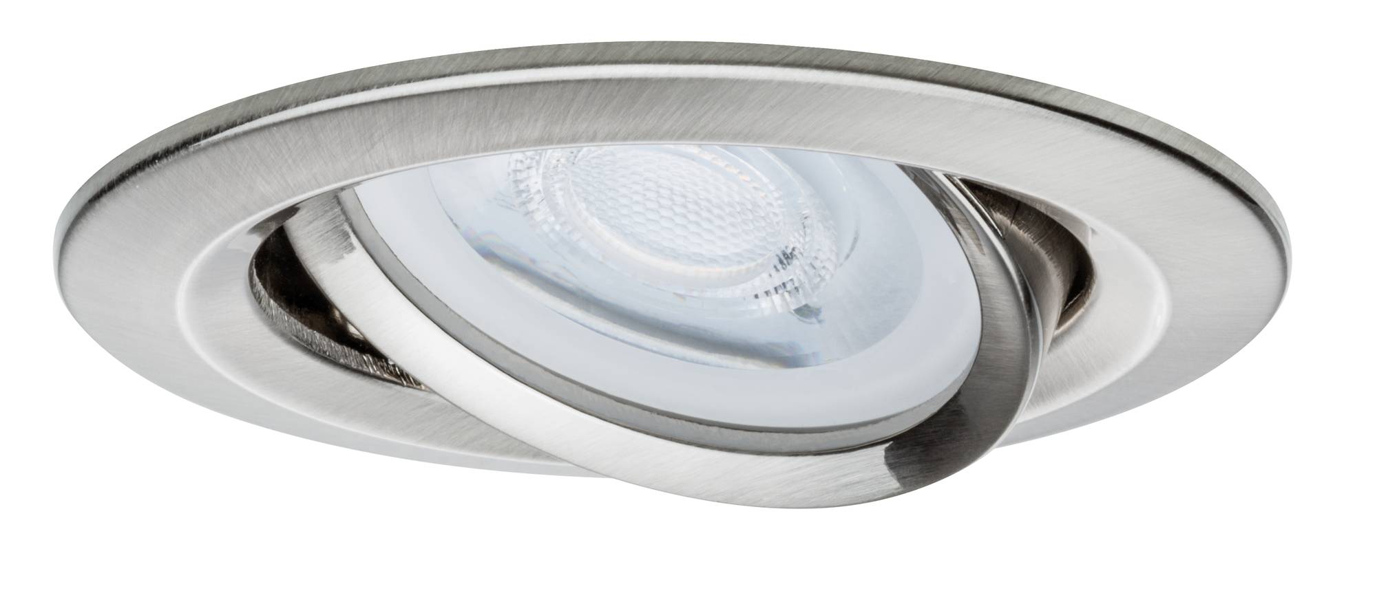 Rund, drejelig indbygningslampe i børstet metal med integreret LED-lyskilde, velegnet til moderne loftsinstallationer.