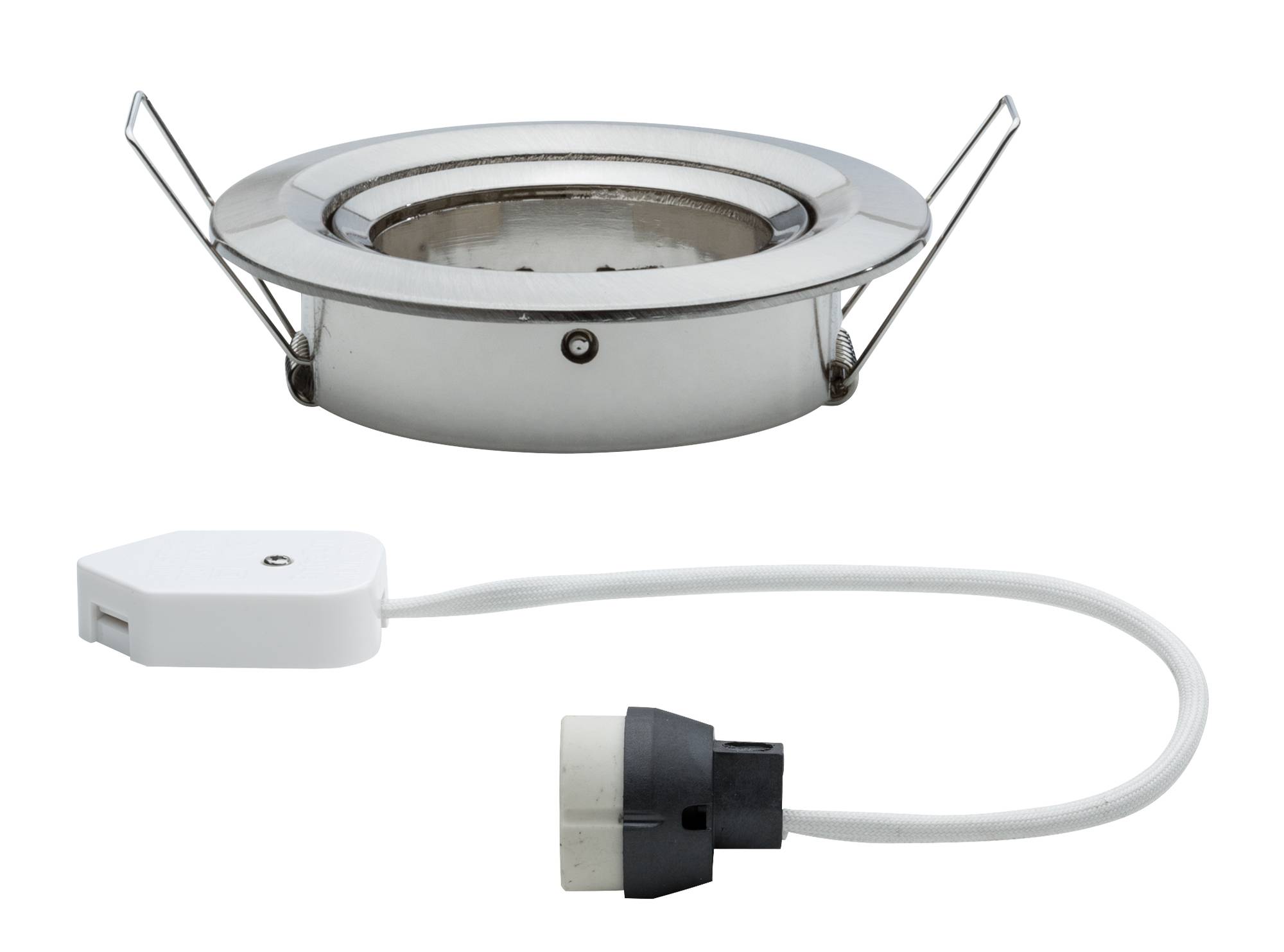 En sølvfarvet indbygningsspot med LED-sokkel og kabeladapter. Designet til loftsinstallationer. Velegnet til bolig- og erhvervsområder.