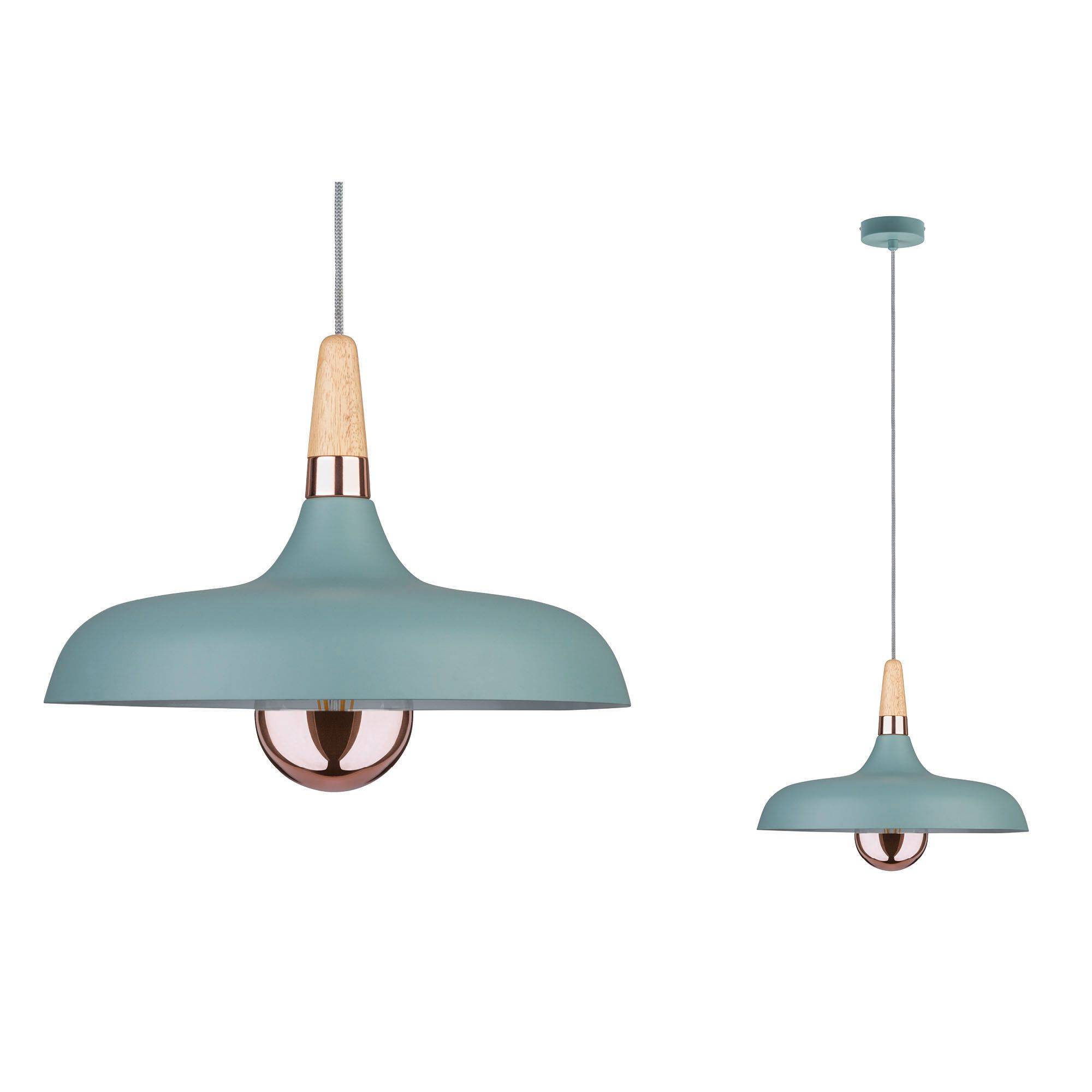To blå pendeltlamper med trædetaljer og synlige pærer. Den venstre lampe er vist fra en sidelig vinkel, den højre fra forsiden.