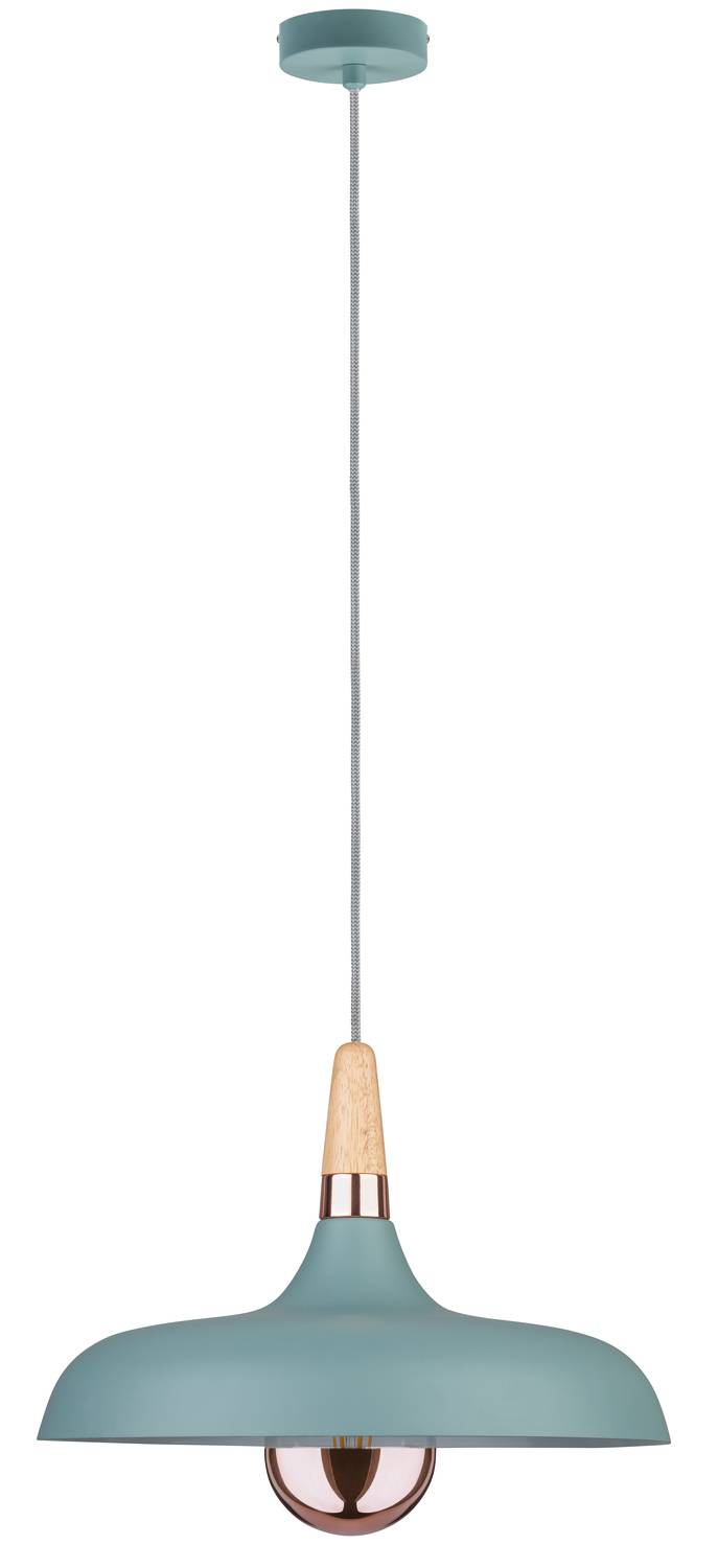 En hængende, moderne pendel i turkis med træelementer. Perfekt til minimalistiske interiører.