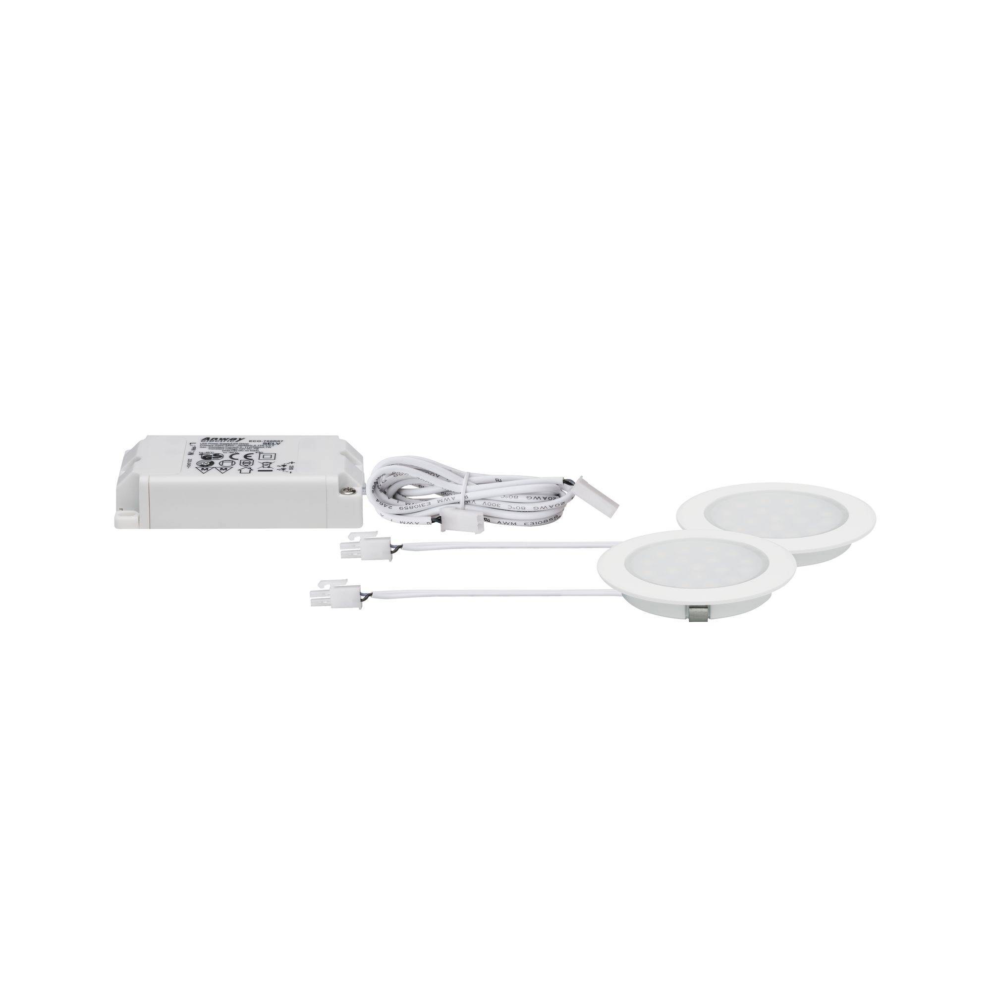 To runde LED-lamper med hvide rammer, forbundet med kabler til en hvid strømforsyning, ved siden af endnu et kabel. Egnet til indbygning.