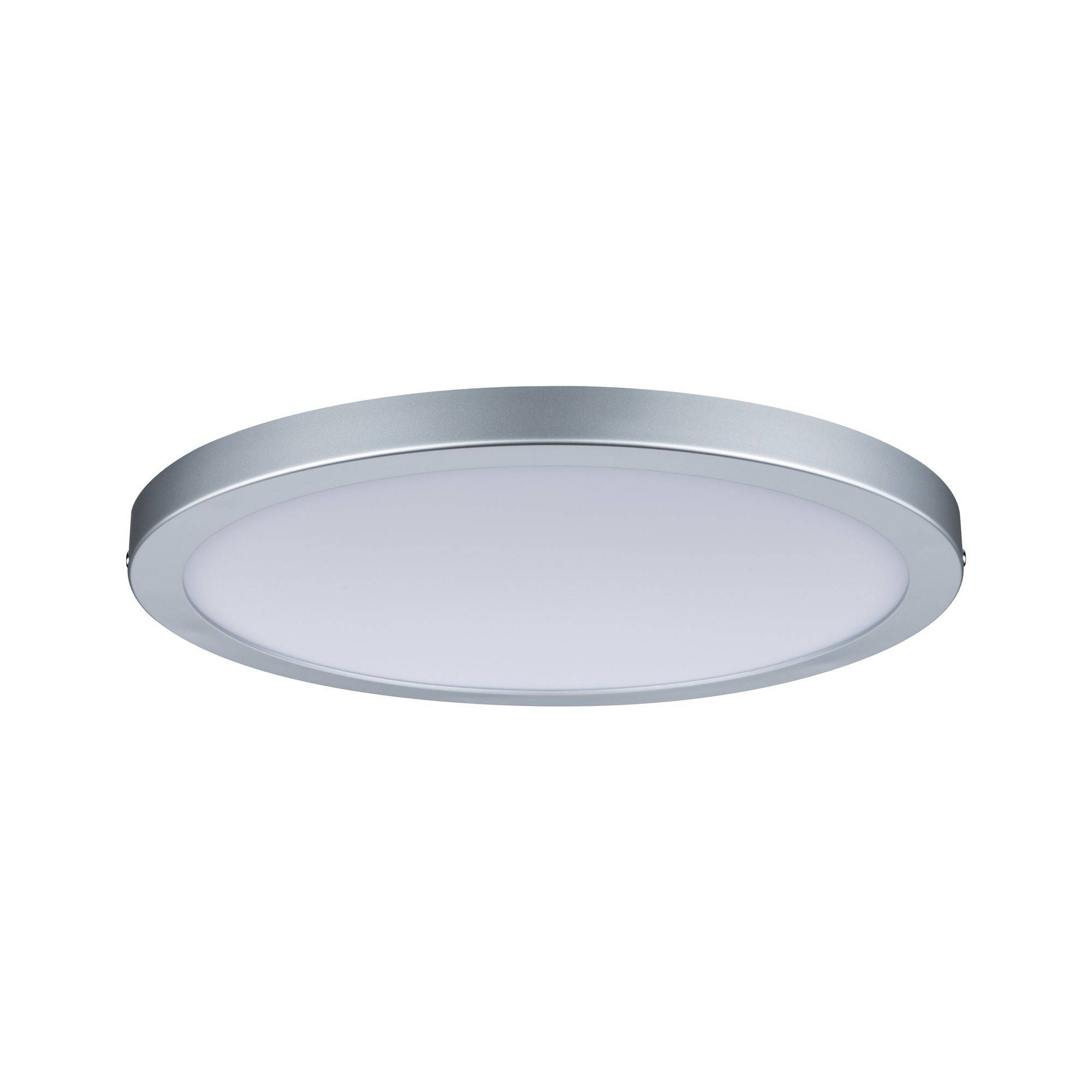 En rund LED-loftslampe med sølvfarvet kant og mat hvid afdækning, velegnet til moderne boligrum.