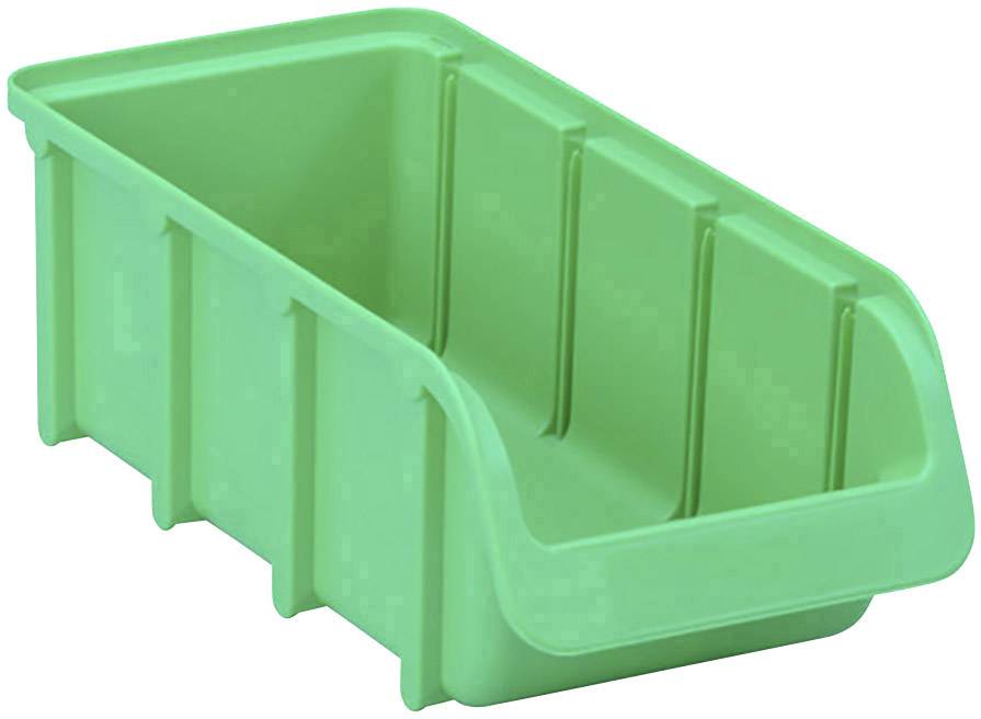 Grøn plastiklagerbox med åben forside, som giver nem adgang til opbevaring af genstande. Velegnet til værksteds- eller lagermiljøer.