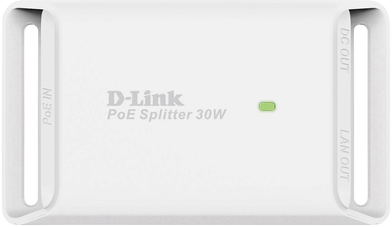 En hvid D-Link PoE-splitter på 30W med grøn indikatorlampe. Til venstre står 'PoE IND', til højre 'DC UD' og 'LAN UD'.
