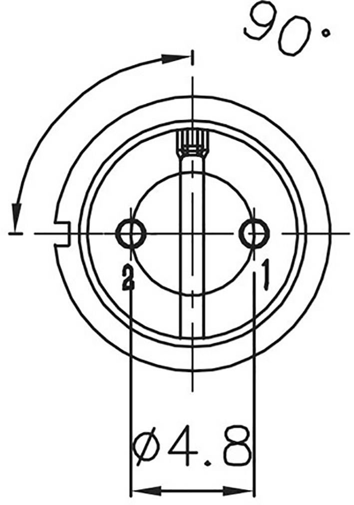 Teknisk tegning af en rund komponent med huller, diameter 4,8 mm, markeret med numrene 1 og 2 samt en vinkel på 90 grader.