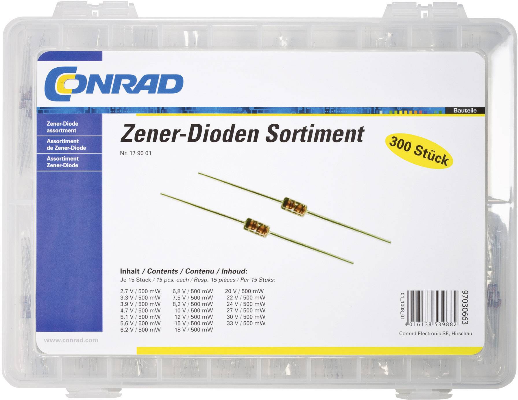 Zener-diode sortiment i en plastboks med 300 stykker forskellige Zener-dioder. Inkluderede spændinger er angivet.