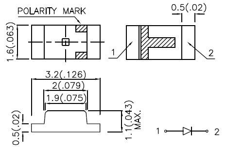 Teknisk tegning af en elektrisk komponent med dimensioner: Bredde 3,2 mm, højde 1,1 mm. Visninger fra oven, fra siden, med polariseringsmærkning.