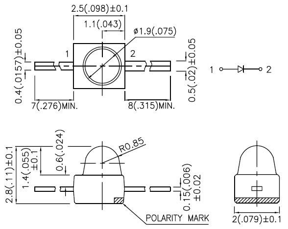 Teknisk tegning af en LED. Viser dimensioner, former og tilslutninger med polaritetsmarkering. Hovedmål er angivet i millimeter.