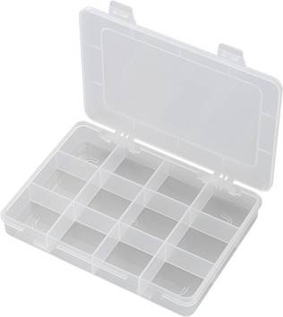 TRU COMPONENTS E-110 Sortimentskasse (L x B x H) 184 x 124 x 25 mm Antal fag: 12 Fast underopdeling  Indhold 1 stk