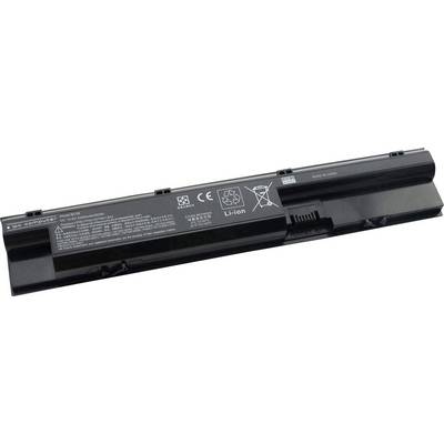 Sort laptop-batteri med tekniske specifikationer og symboler for bortskaffelse og sikkerhed. Li-Ion-teknologi.