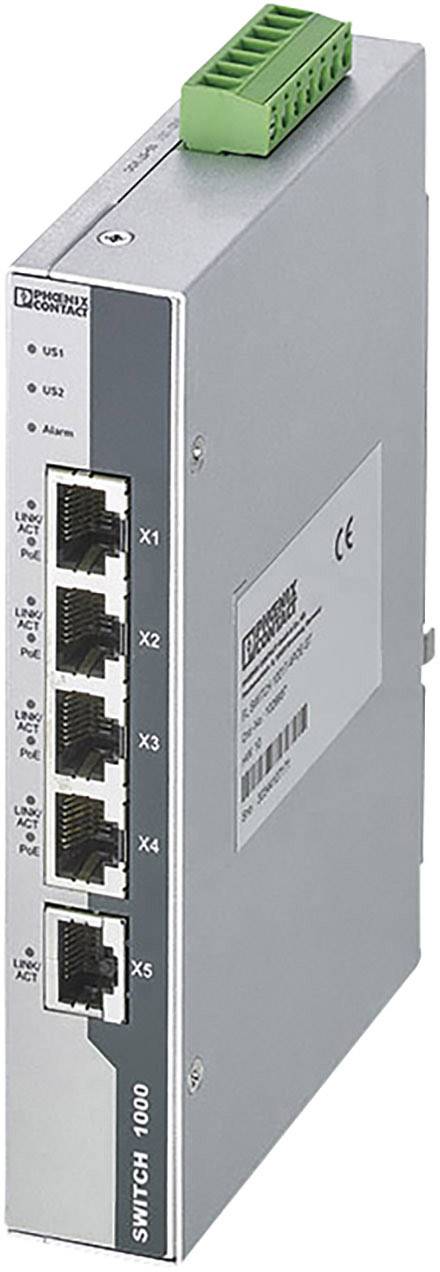 En industriel Ethernet-switch med fem RJ45-porte og statusindikatorer for Gbit og alarm på forsiden.