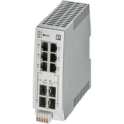 Industriel Ethernet-switch med flere RJ45- og SFP-porte til netværksforbindelse; DIN-skinnemontage, grå kabinet.