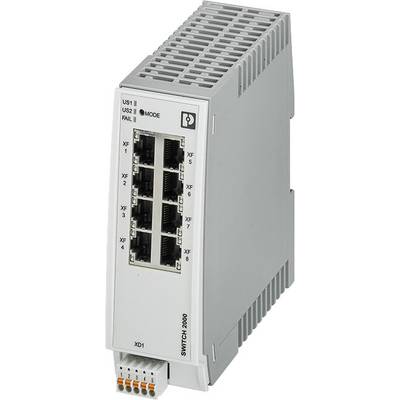 Netværks-switch-modul med otte Ethernet-porte, mærket fra XF1 til XF8, statusindikator-LED'er øverst.