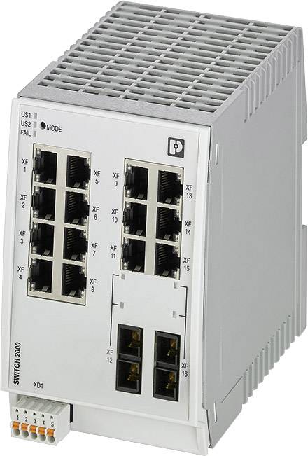 Industriel Ethernet-switch med 16 porte til netværksforbindelser, egnet til industrielle applikationer, grå kabinet.