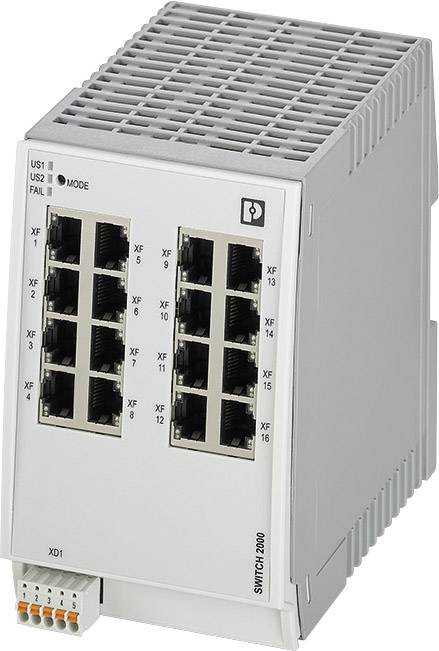 Industriel netværksswitch med 16 Ethernet-porte, monteret på DIN-skinne. Egnet til industrielle automatiseringsapplikationer.