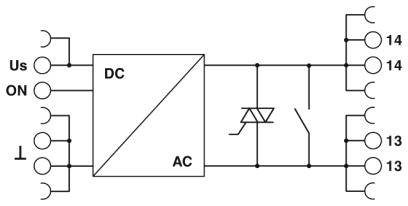 Principdiagrammet viser et ensrettermodul, der konverterer DC til AC. Indgangene er markeret med 'Us' og 'ON', udgangene med '13' og '14'.